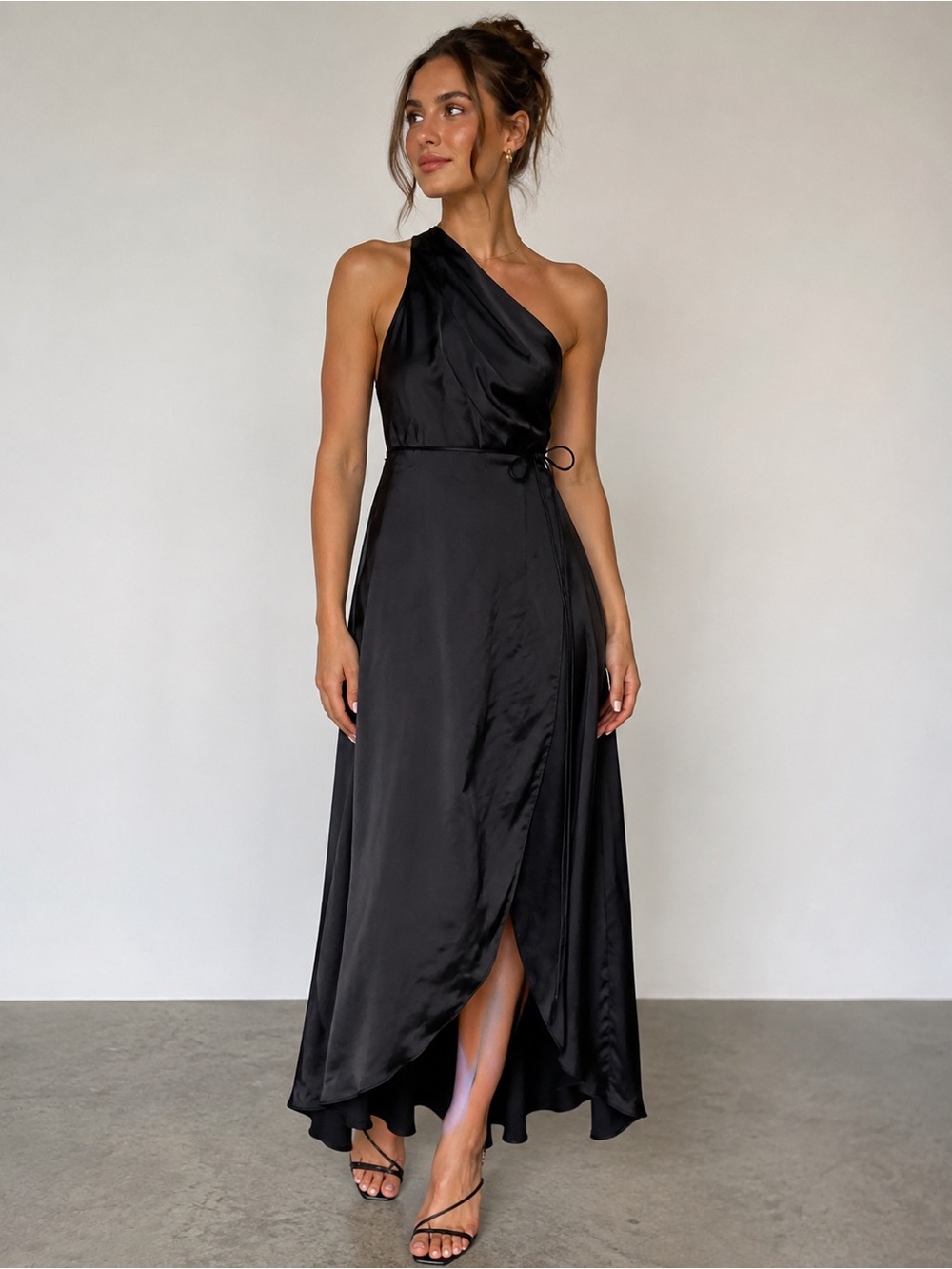 Morilee Madeline Gardner One-Shoulder Black Satin Dress
